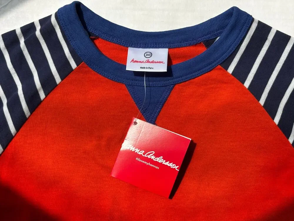 NWT Hanna Andersson Boys 160/US14 Baseball Tee OrangeNavy Stripe RaglanSupersoft